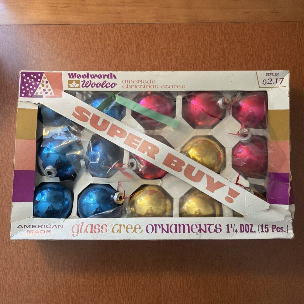 Vtg MCM Woolworth Woolco Multi Colored Glass Ornaments 15 In Box